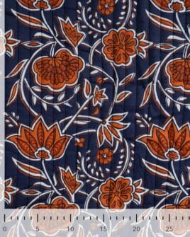 voile de coton matelassé imprimé fleur indienne réversible bleu marine cognac