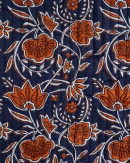 voile de coton matelassé imprimé fleur indienne réversible bleu marine cognac