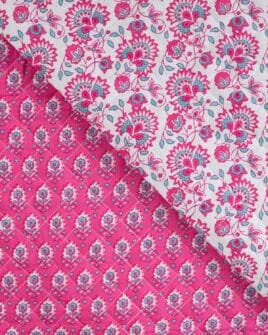 voile de coton matelassé imprimé fleur indienne réversible fuchsia blanc