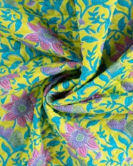 voile de coton matelassé imprimé fleur indienne réversible rayure jaune rose bleu