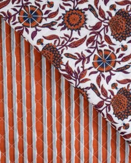 voile de coton matelassé imprimé fleur indienne réversible rayure cognac blanc