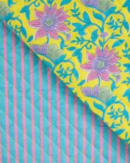 voile de coton matelassé imprimé fleur indienne réversible rayure jaune rose bleu