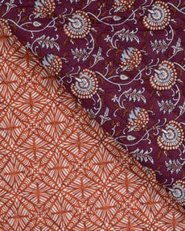 voile de coton matelassé imprimé fleur indienne réversible rétro prune cognac