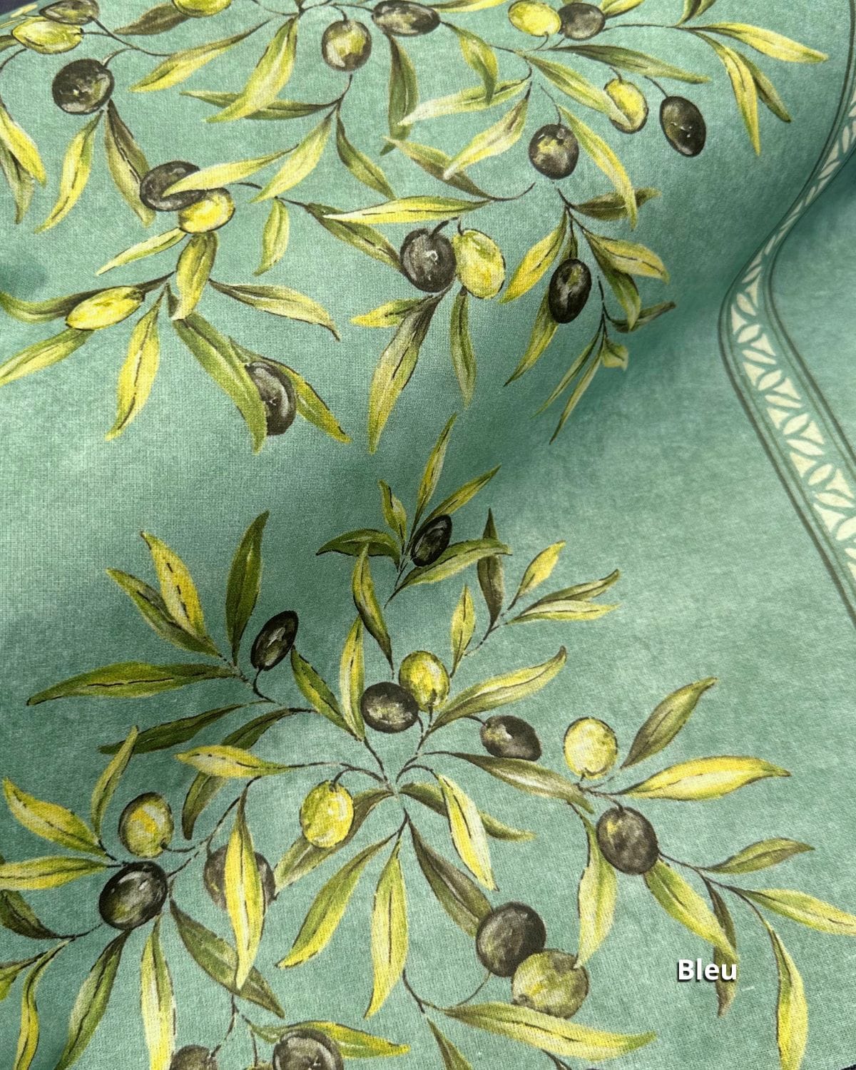 tissu coton enduit provençal olive double bordure bleu
