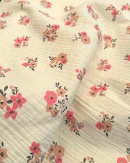 tissu double gaze fleur rose orchidée vieux rose fond écru