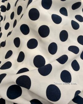 tissu crêpe polyester blanc bleu marine pois 25mm