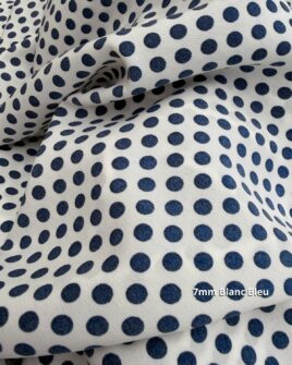 tissu crêpe polyester blanc bleu marine pois 7mm