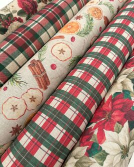 Tissu noël polycoton aspect lin 280 cm tartan écossais, fleurs et motifs de Noël
