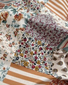 tissu coton enduit patchwork fleuri vert de gris moutarde