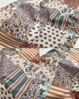 tissu coton enduit patchwork fleuri vert de gris moutarde