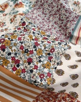 tissu coton enduit patchwork fleuri vert de gris moutarde