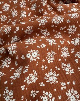 tissu double gaze fleuri blanc camel foncé