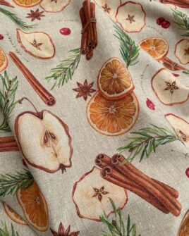 tissu polycoton 280cm oranges séchées pommes et cannelle fond lin naturel