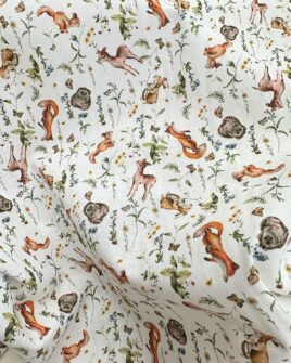 tissu popeline de coton animaux des bois blanc