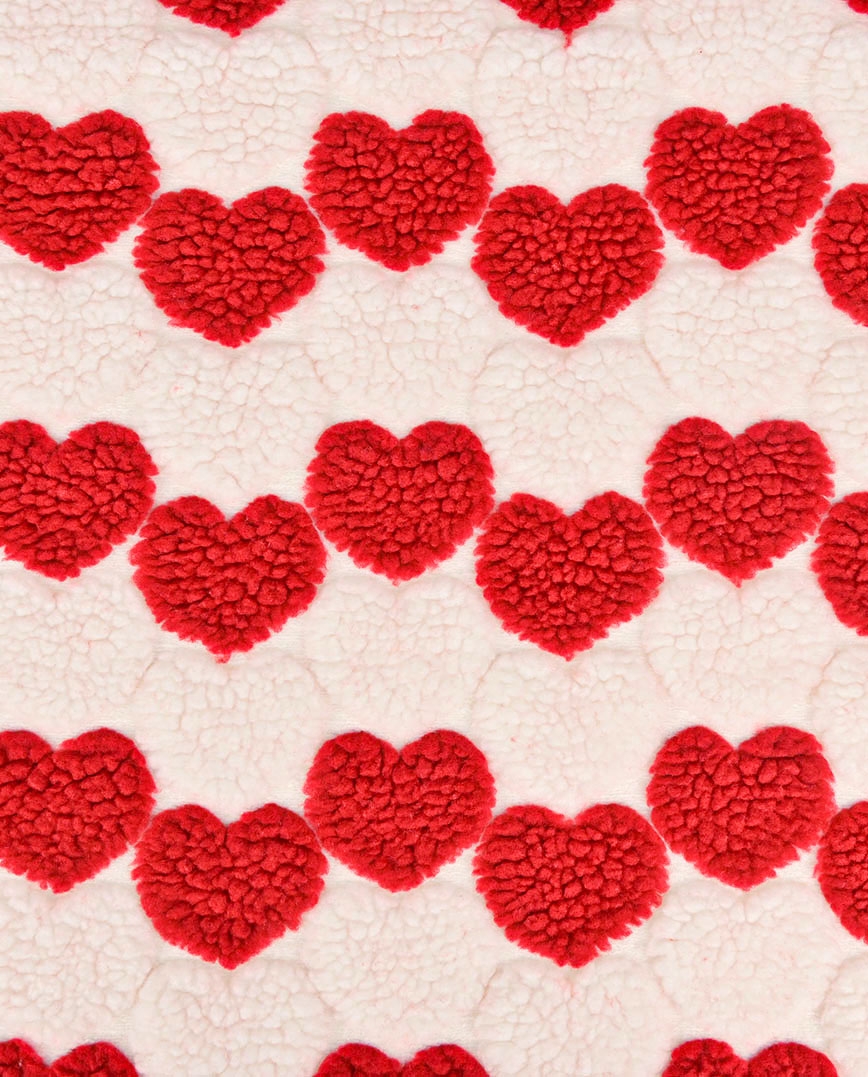 tissu teddy bouclette coeur rouge écru