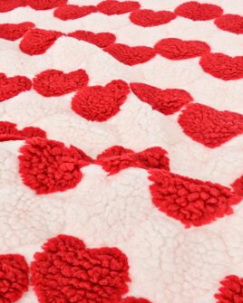 tissu teddy bouclette coeur rouge écru